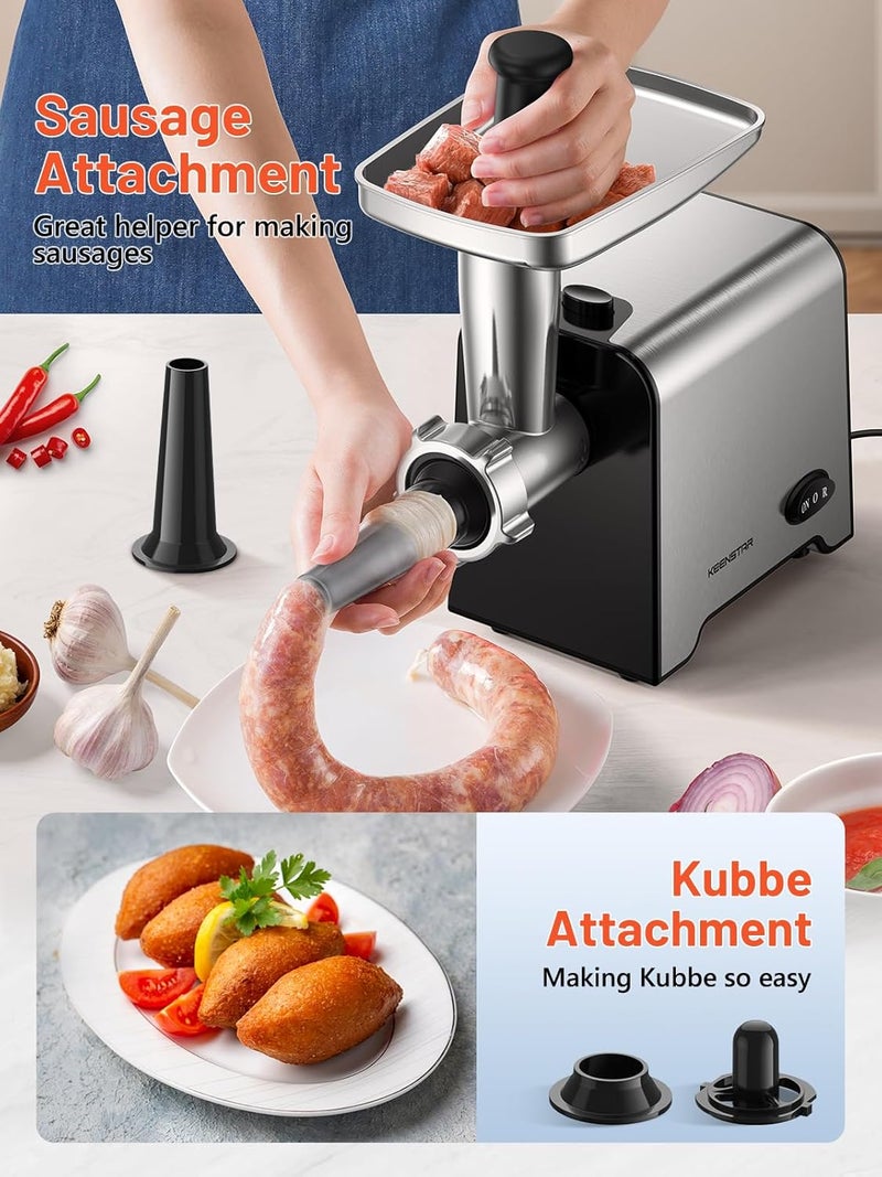 KEENSTAR 3000W Max Heavy Duty Electric Meat Grinder with Sausage Stuffer Maker & Kubbe Kit, Food Grinder with Blade & 3 Plates, Stainless Steel Meat Mincer Machine for Home Kitchen Use - Image 3